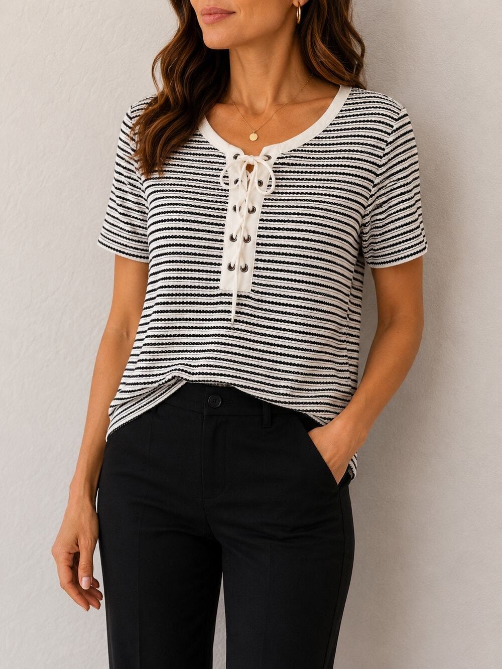 ST. JOHN Sport Black White Striped Lace Up Short Sleeve Knit Top Designer Medium